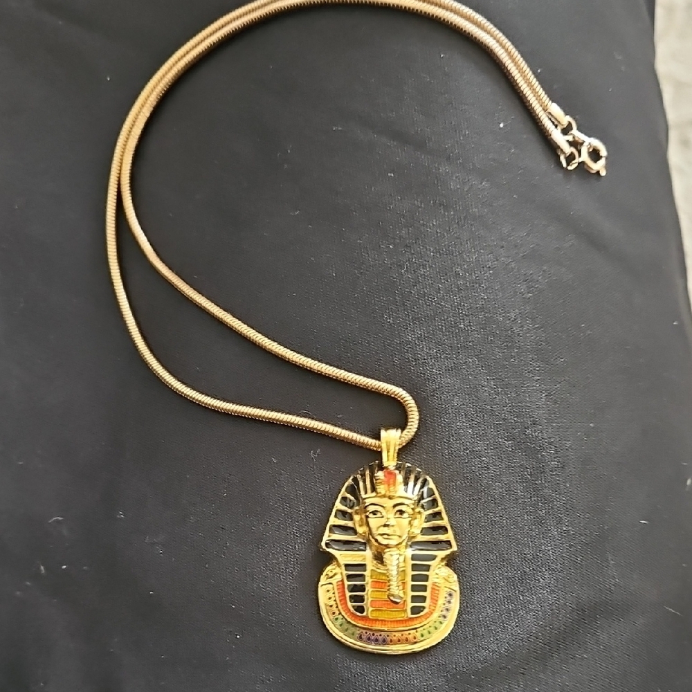 Gold Egyptian Pharaoh Pendant Necklace - Multicolor Enamel - Picture 2 of 4
